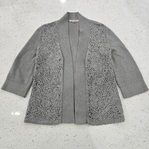 Peter Nygard Grey Crochet Lace Front Cardigan Sweater Womens Medium 3/4 Sleeve